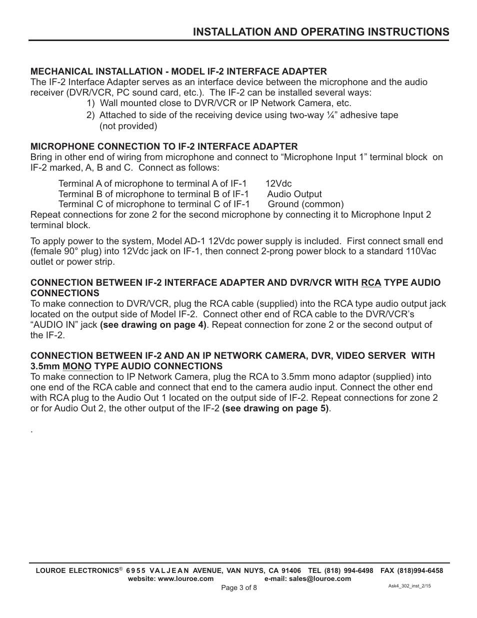 Installation and operating instructions | Louroe Electronics ASK-4 302 User Manual | Page 3 / 8