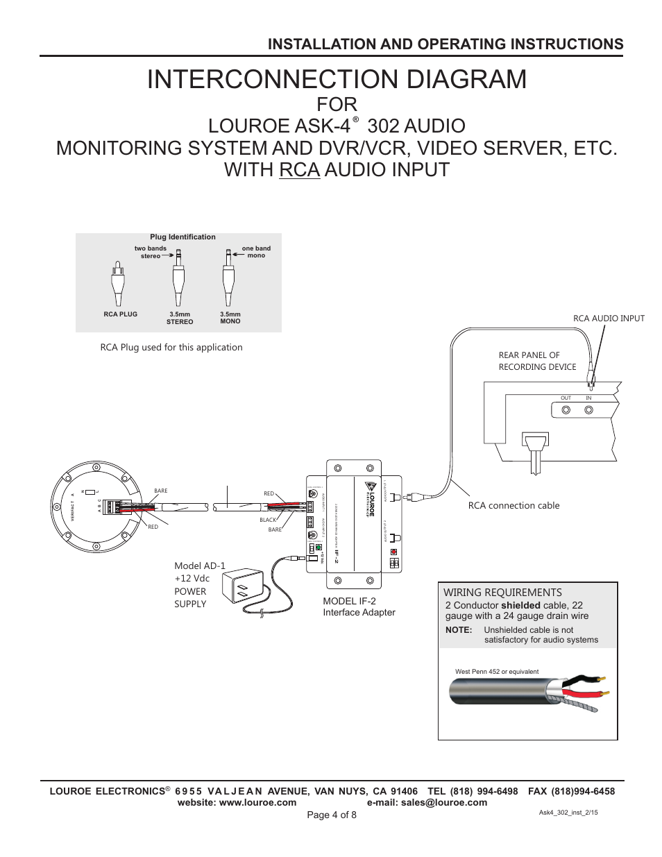 Interconnection diagram, Installation and operating instructions, Wiring requirements | Model ad-1 +12 vdc power supply, Rca plug used for this application, Model if-2 interface adapter rca connection cable | Louroe Electronics ASK-4 302 User Manual | Page 4 / 8