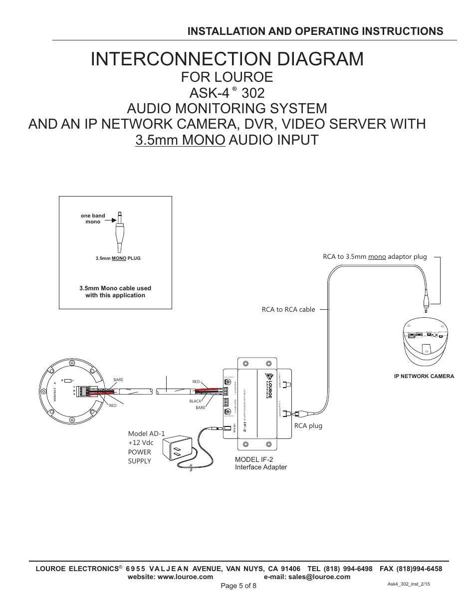 Interconnection diagram, Installation and operating instructions, Model ad-1 +12 vdc power supply | Model if-2 interface adapter | Louroe Electronics ASK-4 302 User Manual | Page 5 / 8