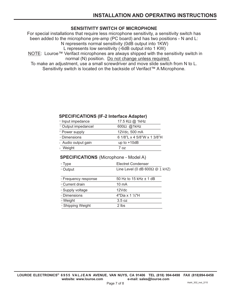 Installation and operating instructions | Louroe Electronics ASK-4 302 User Manual | Page 6 / 8