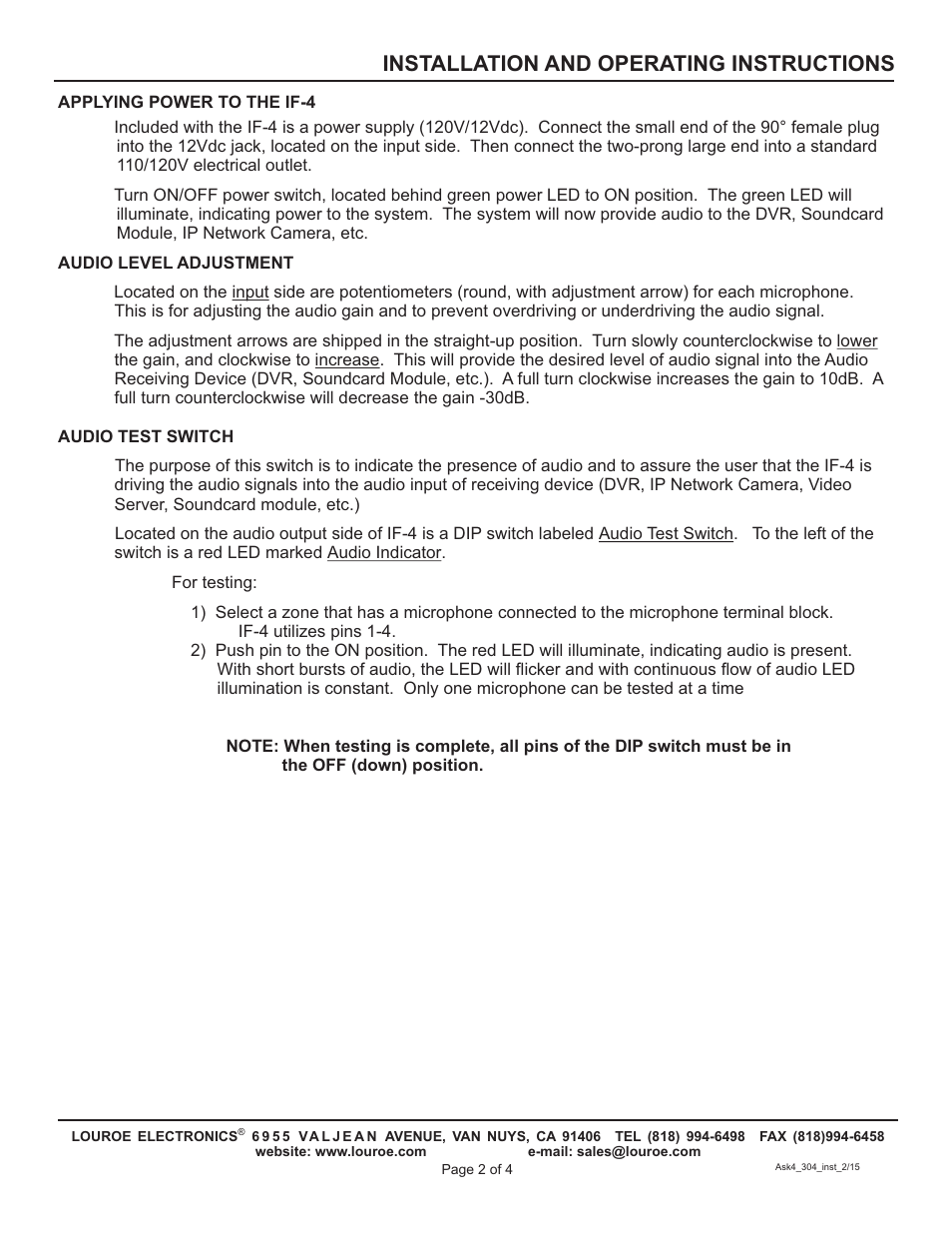 Installation and operating instructions | Louroe Electronics ASK-4 304 User Manual | Page 2 / 4