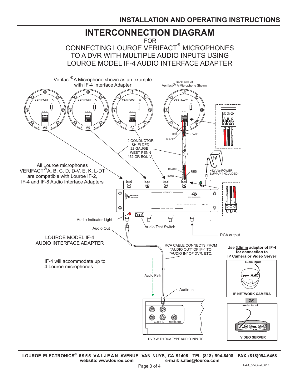 Interconnection diagram, Installation and operating instructions, Louroe model if-4 audio interface adapter | Lectronics | Louroe Electronics ASK-4 304 User Manual | Page 3 / 4