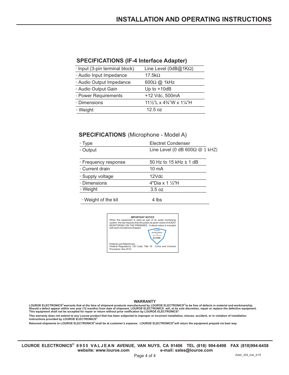 Installation and operating instructions, Specifications (if-4 interface adapter), Specifications (microphone - model a) | Louroe Electronics ASK-4 304 User Manual | Page 4 / 4