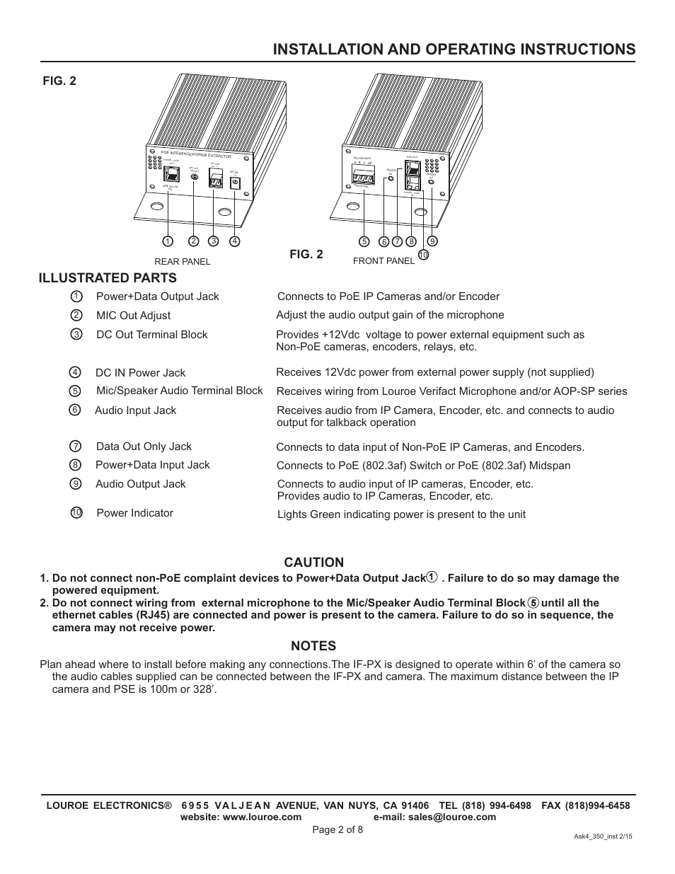 Installation and operating instructions, Illustrated parts, Fig. 2 | Louroe Electronics ASK-4 350 User Manual | Page 2 / 8