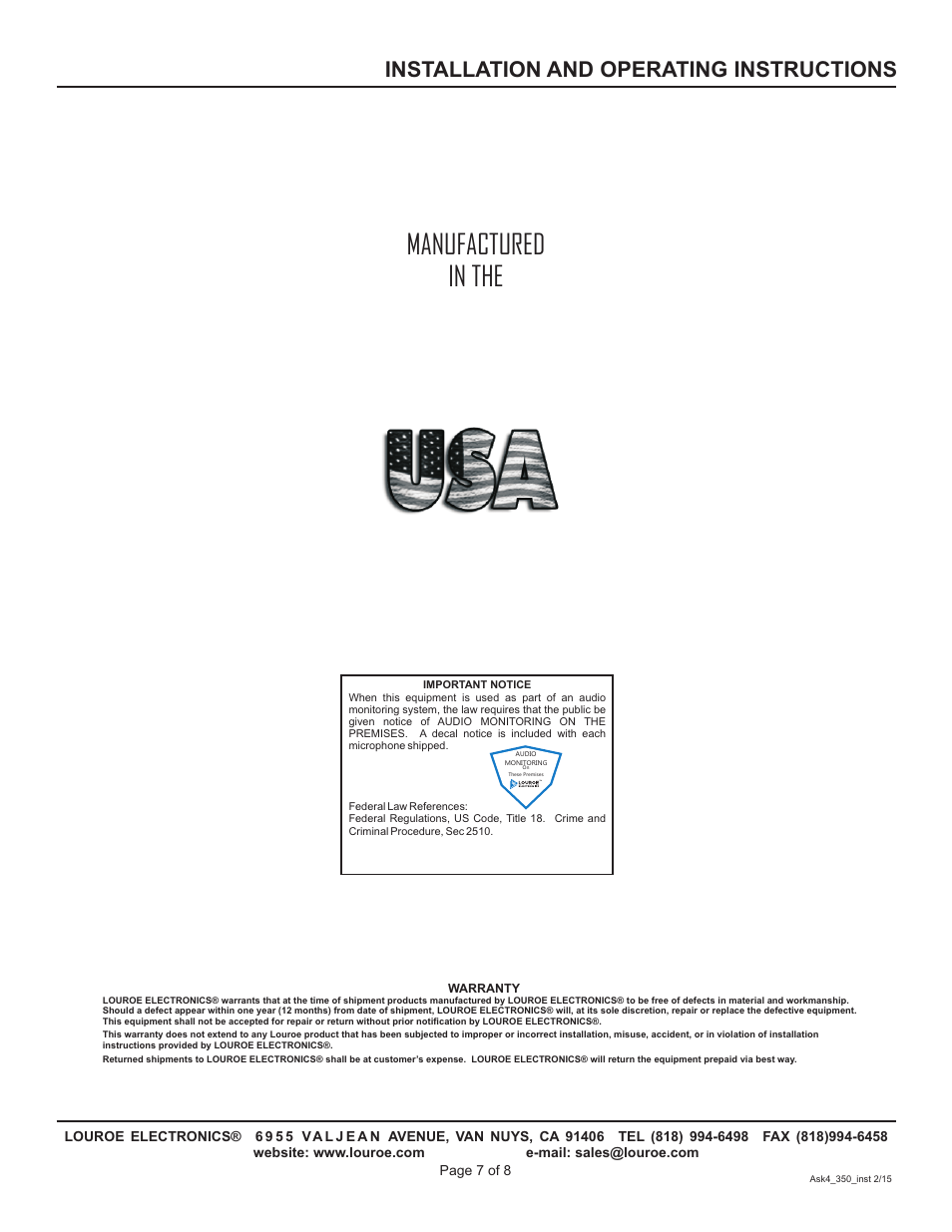 Manufactured in the, Installation and operating instructions | Louroe Electronics ASK-4 350 User Manual | Page 8 / 8