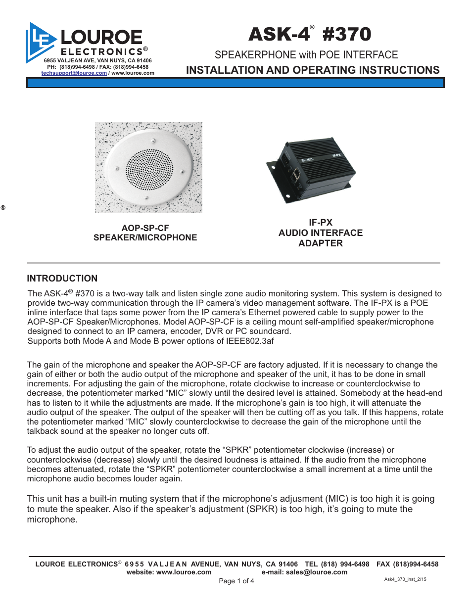 Louroe Electronics ASK-4 370 User Manual | 4 pages