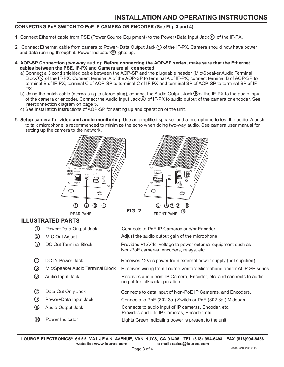 Installation and operating instructions, Illustrated parts, Fig. 2 | Louroe Electronics ASK-4 370 User Manual | Page 3 / 4