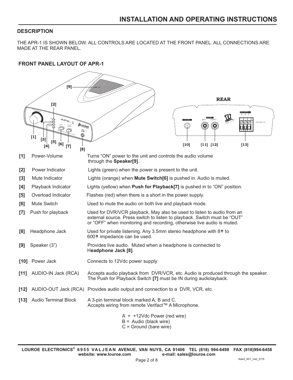 Installation and operating instructions, Description, Front panel layout of apr-1 | Louroe Electronics ASK-4 401 User Manual | Page 2 / 8