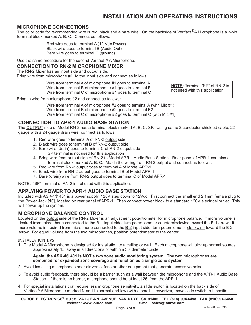 Installation and operating instructions | Louroe Electronics ASK-4 401 User Manual | Page 3 / 8