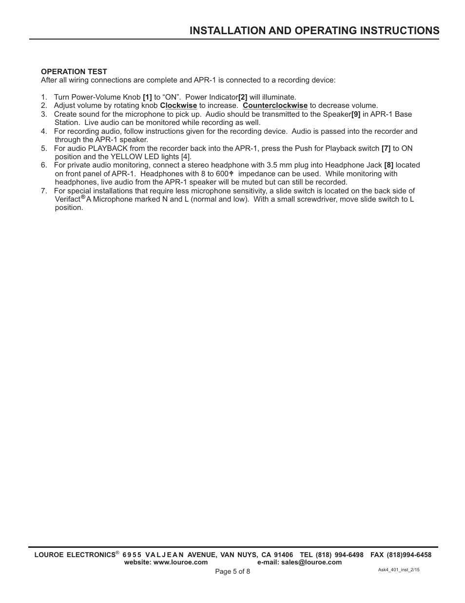 Installation and operating instructions | Louroe Electronics ASK-4 401 User Manual | Page 5 / 8