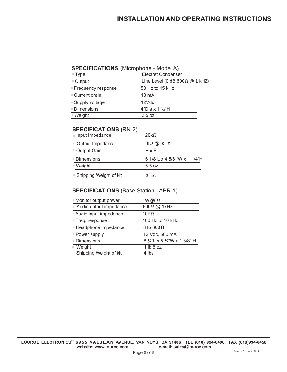 Installation and operating instructions | Louroe Electronics ASK-4 401 User Manual | Page 6 / 8