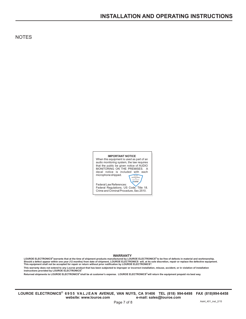 Installation and operating instructions | Louroe Electronics ASK-4 401 User Manual | Page 7 / 8