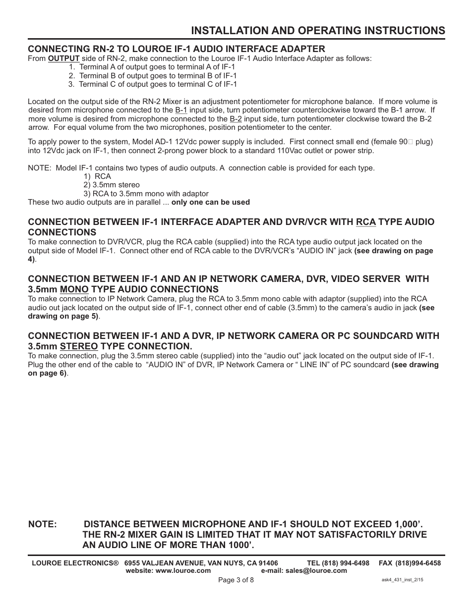 Installation and operating instructions | Louroe Electronics ASK-4 431 User Manual | Page 3 / 8