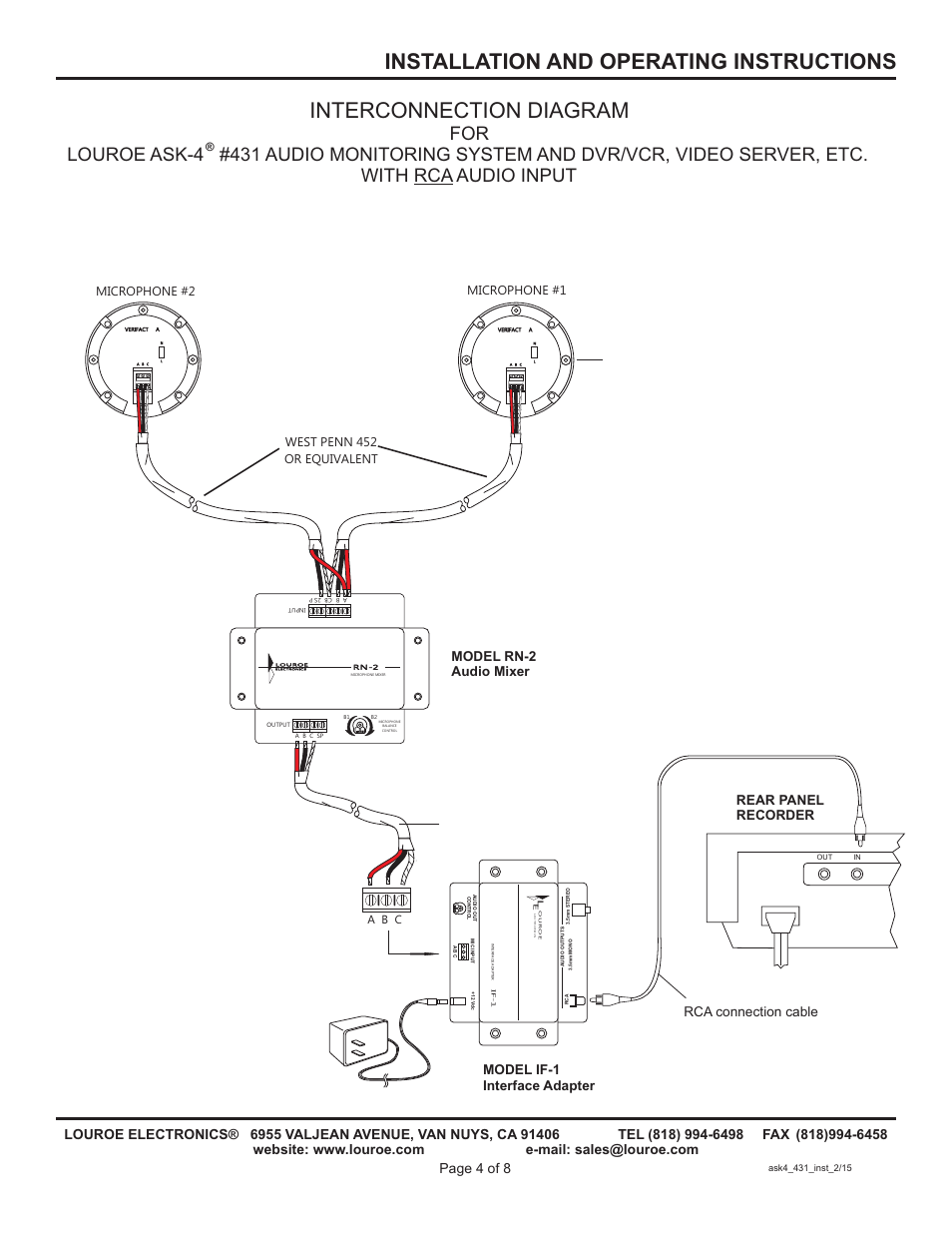 Installation and operating instructions, Interconnection diagram, Microphone #2 microphone #1 | West penn 452 or equivalent | Louroe Electronics ASK-4 431 User Manual | Page 4 / 8