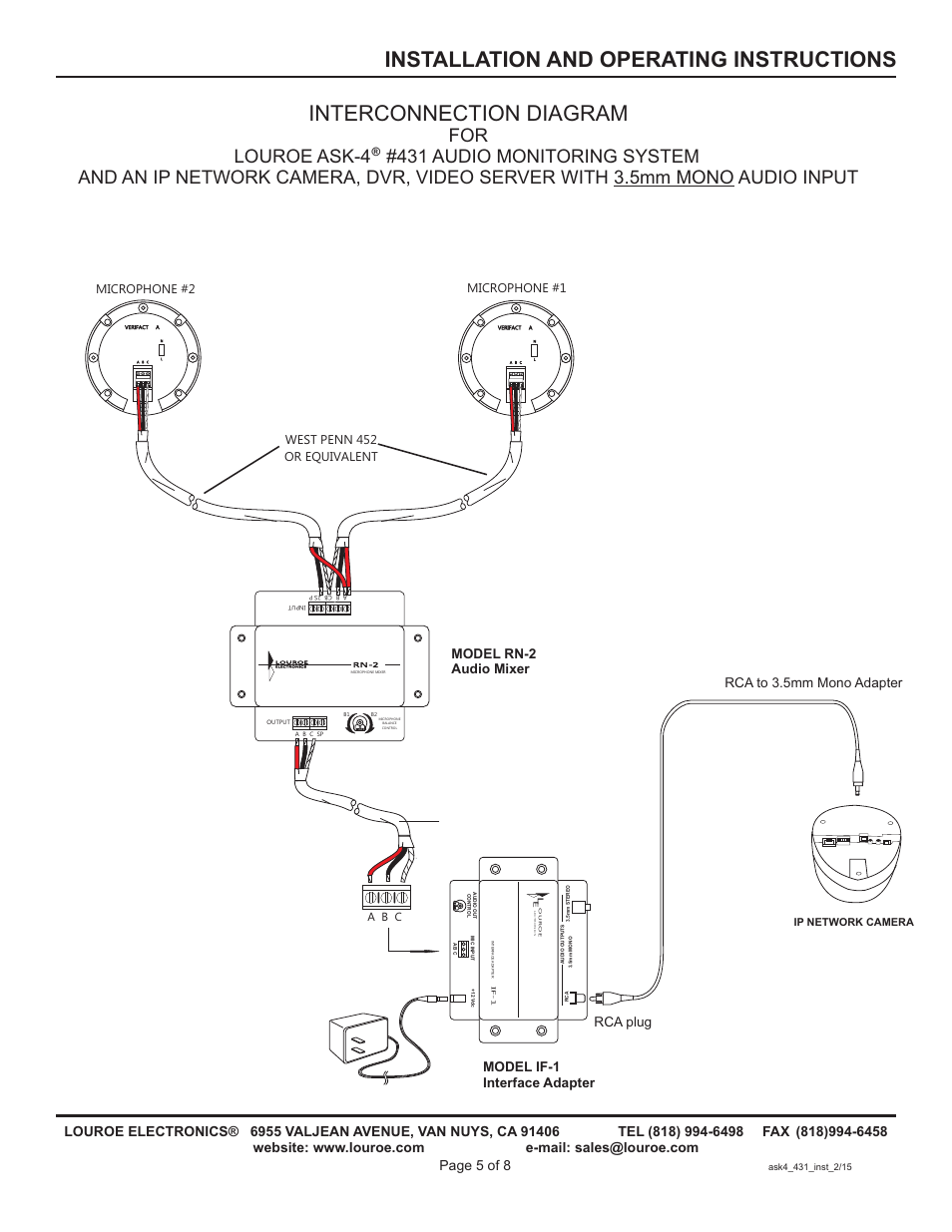 Interconnection diagram, Installation and operating instructions, Rca plug rca to 3.5mm mono adapter | Microphone #2 microphone #1, West penn 452 or equivalent | Louroe Electronics ASK-4 431 User Manual | Page 5 / 8