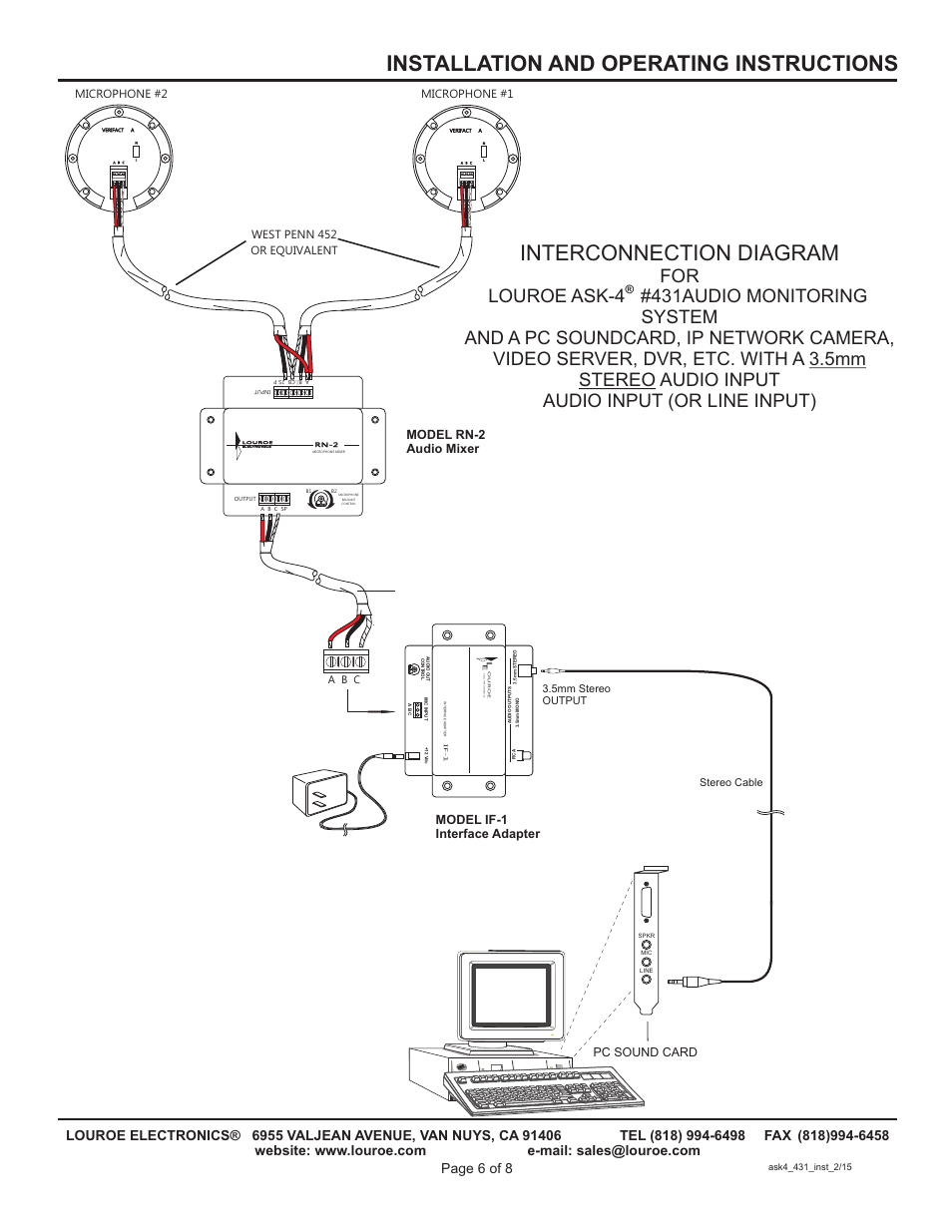 Installation and operating instructions, Interconnection diagram, Pc sound card | Louroe Electronics ASK-4 431 User Manual | Page 6 / 8