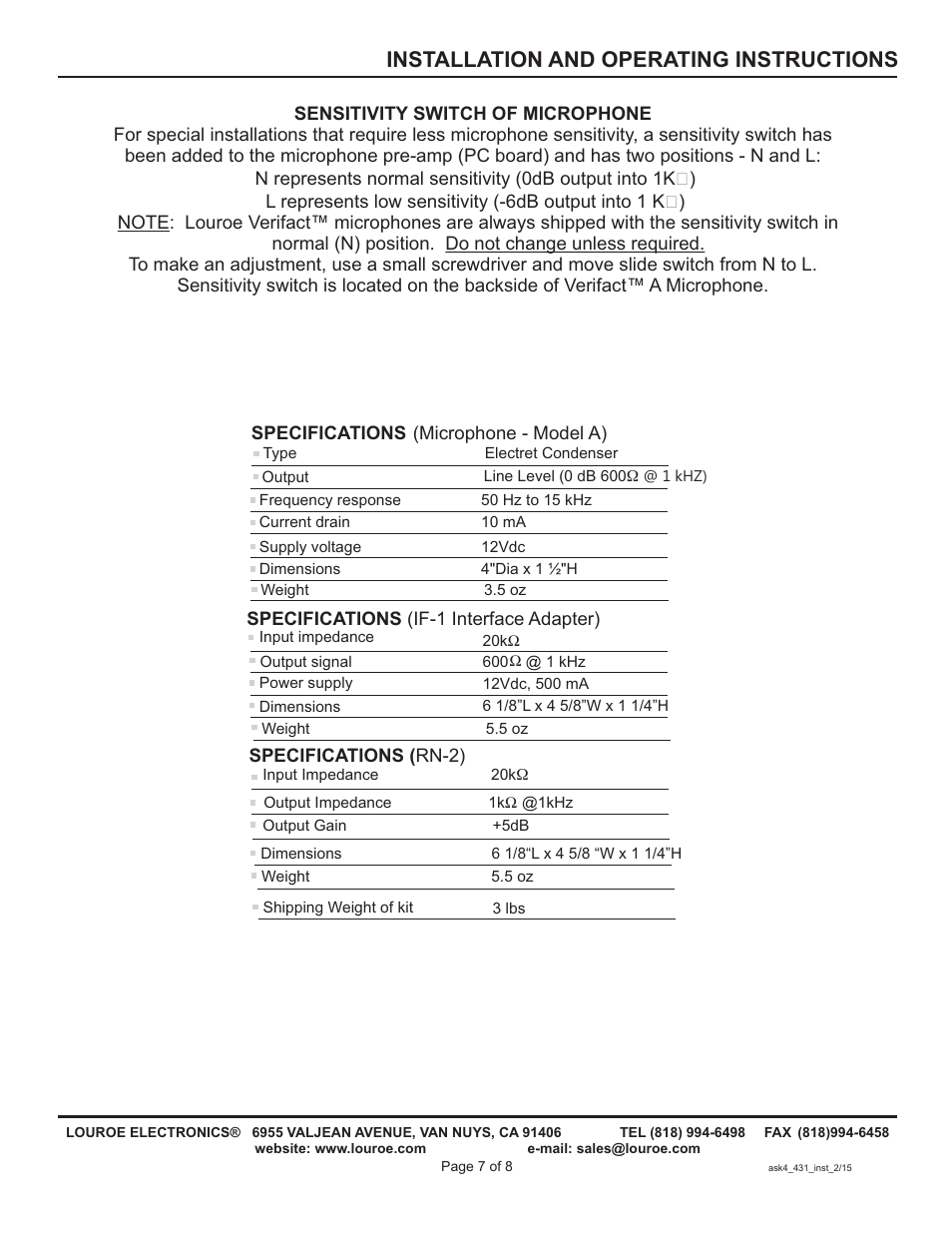 Installation and operating instructions | Louroe Electronics ASK-4 431 User Manual | Page 7 / 8