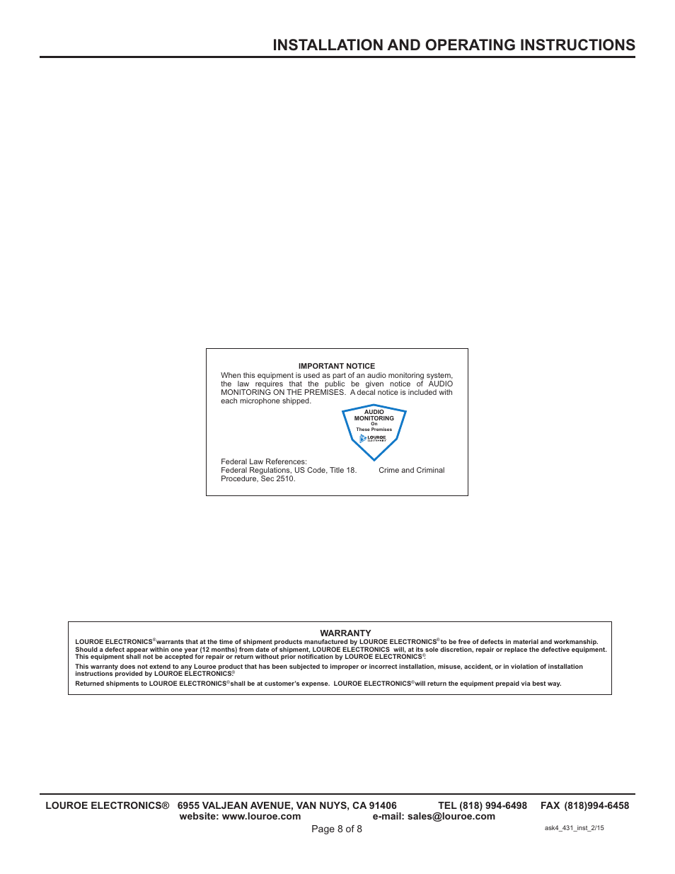 Installation and operating instructions | Louroe Electronics ASK-4 431 User Manual | Page 8 / 8