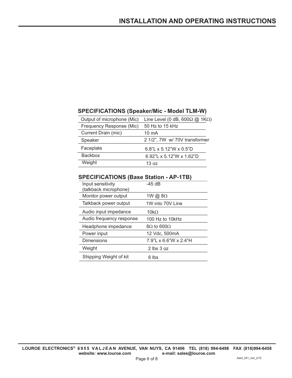 Installation and operating instructions | Louroe Electronics ASK-4 501 User Manual | Page 6 / 8