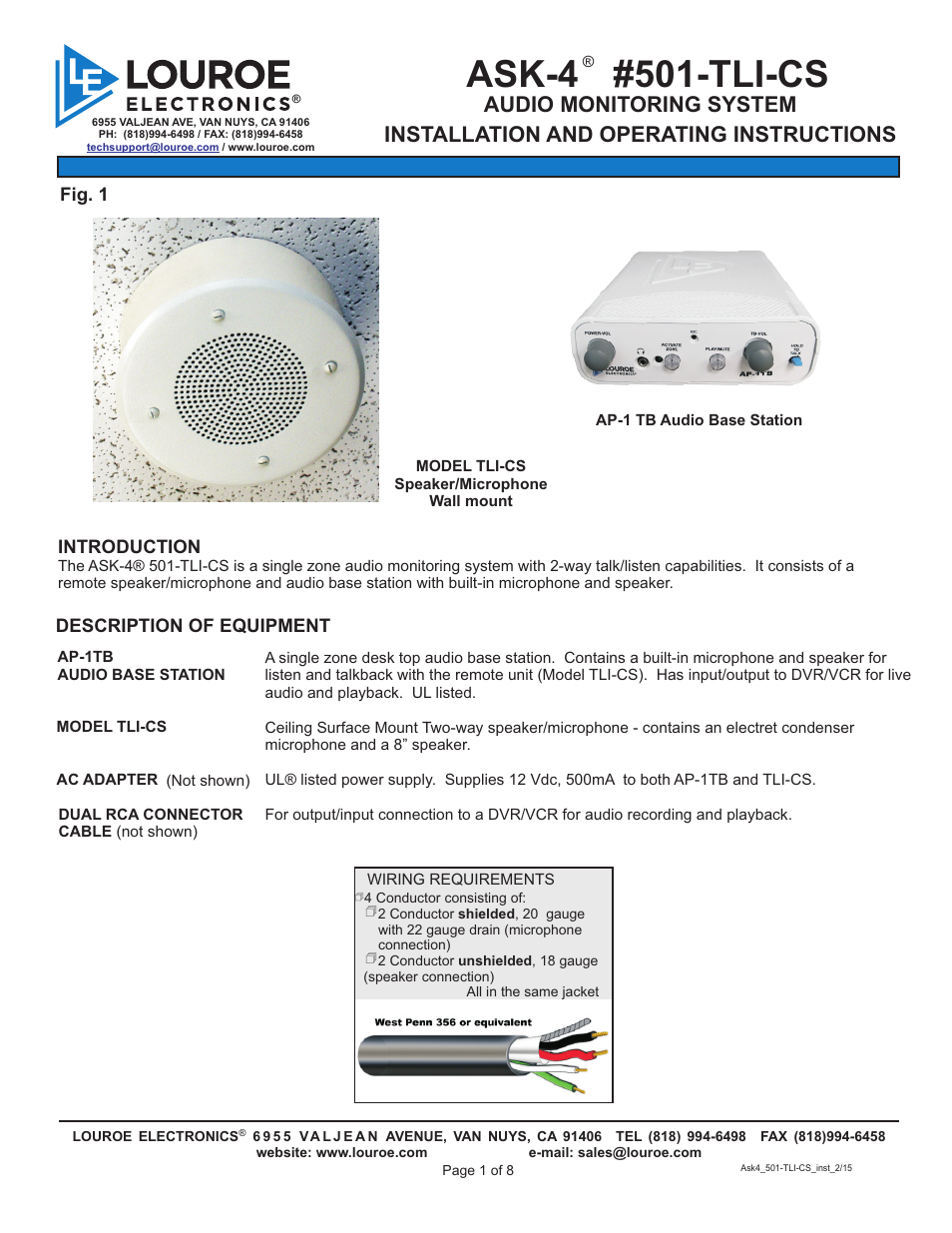 Louroe Electronics ASK-4 501 TLI-CS User Manual | 8 pages
