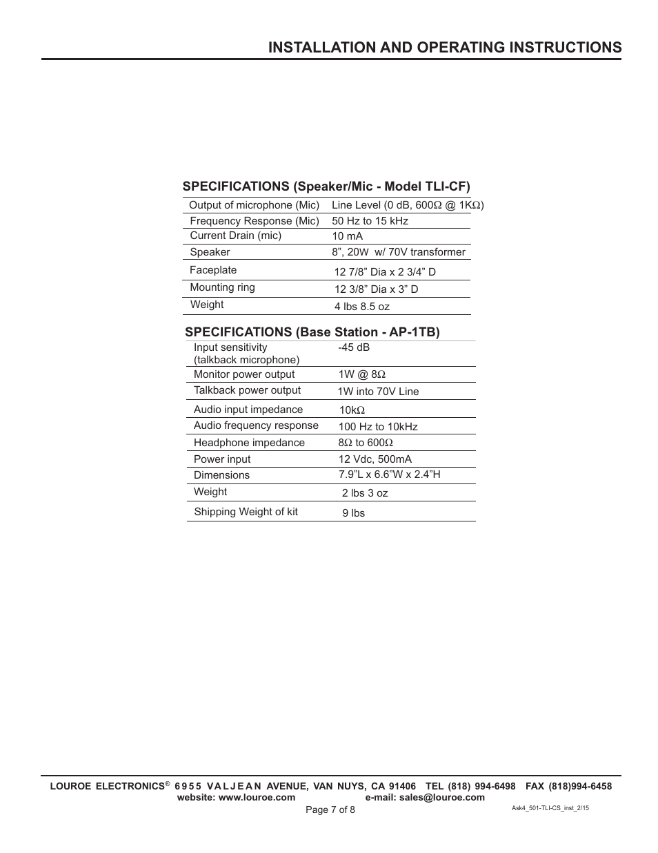 Installation and operating instructions | Louroe Electronics ASK-4 501 TLI-CS User Manual | Page 7 / 8