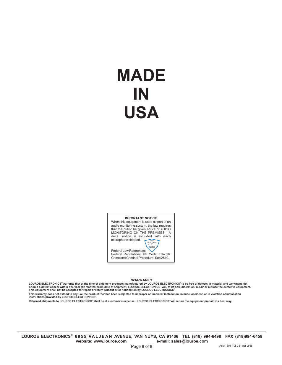Made in usa | Louroe Electronics ASK-4 501 TLI-CS User Manual | Page 8 / 8