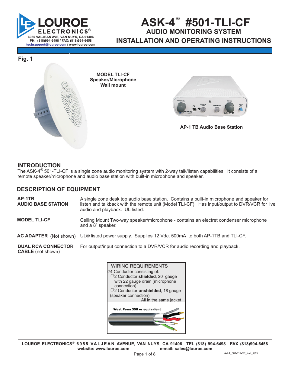 Louroe Electronics ASK-4 501 TLI-CF User Manual | 8 pages