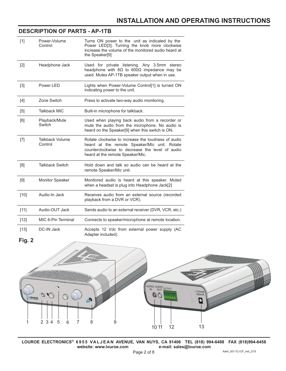 Installation and operating instructions, Description of parts - ap-1tb, Fig. 2 | Louroe Electronics ASK-4 501 TLI-CF User Manual | Page 2 / 8