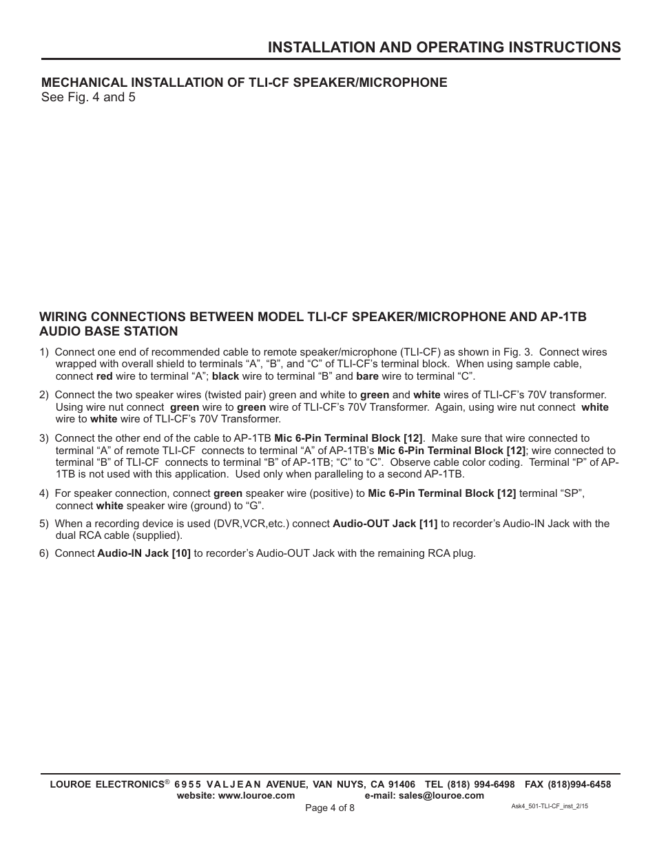 Installation and operating instructions | Louroe Electronics ASK-4 501 TLI-CF User Manual | Page 4 / 8