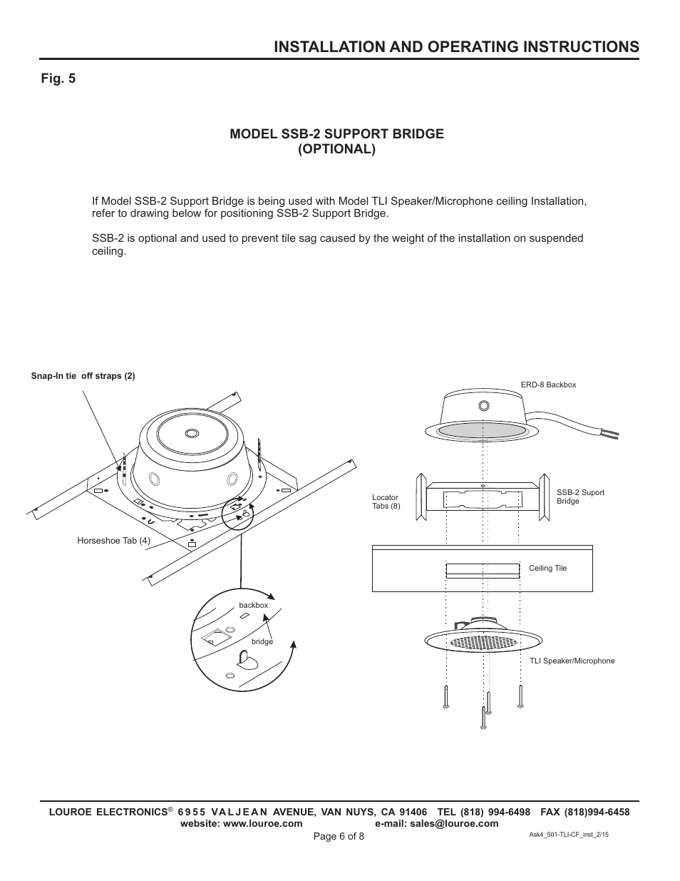 Installation and operating instructions, Model ssb-2 support (optional) bridge, Fig. 5 | Louroe Electronics ASK-4 501 TLI-CF User Manual | Page 6 / 8