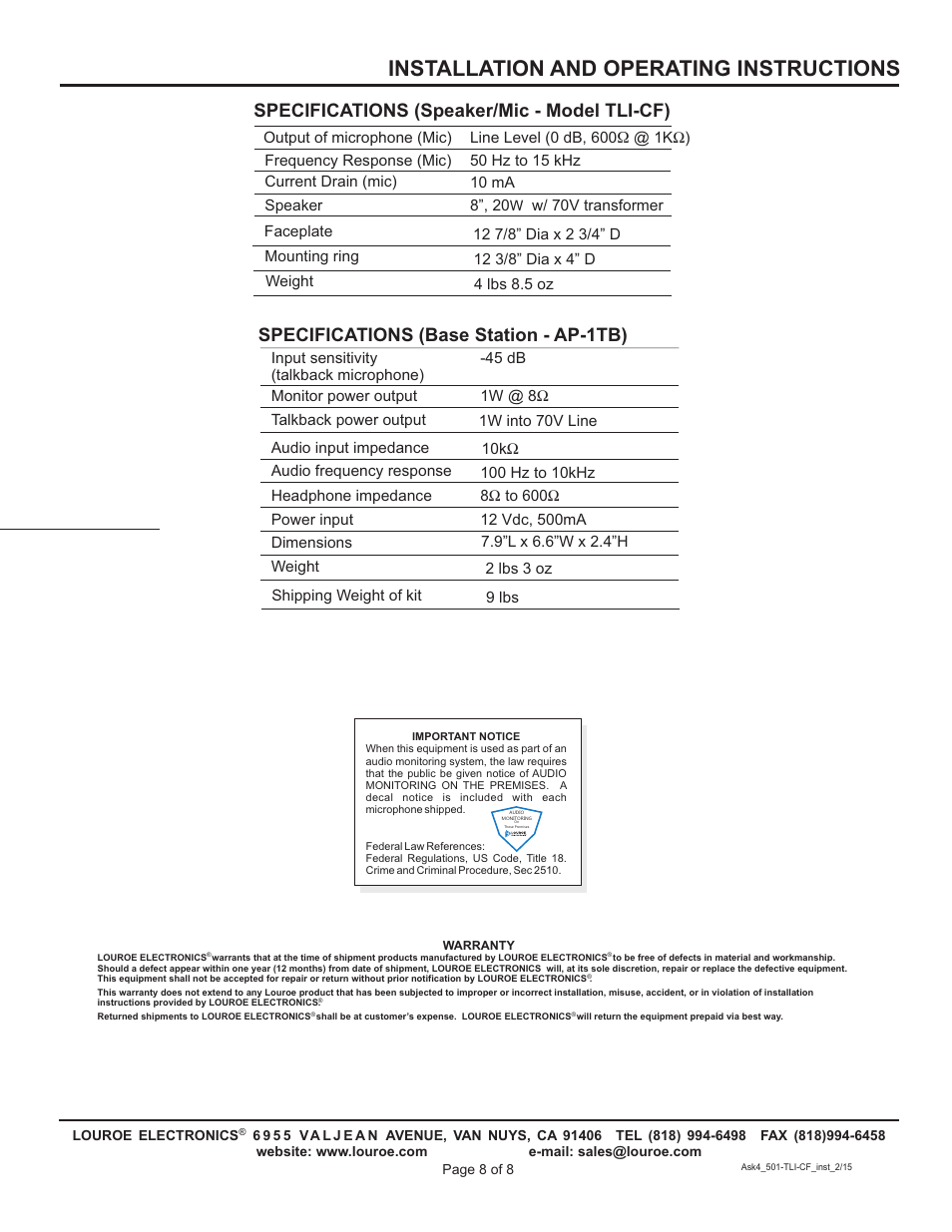 Installation and operating instructions, Specifications (base station - ap-1tb), Specifications (speaker/mic - model tli-cf) | Louroe Electronics ASK-4 501 TLI-CF User Manual | Page 8 / 8