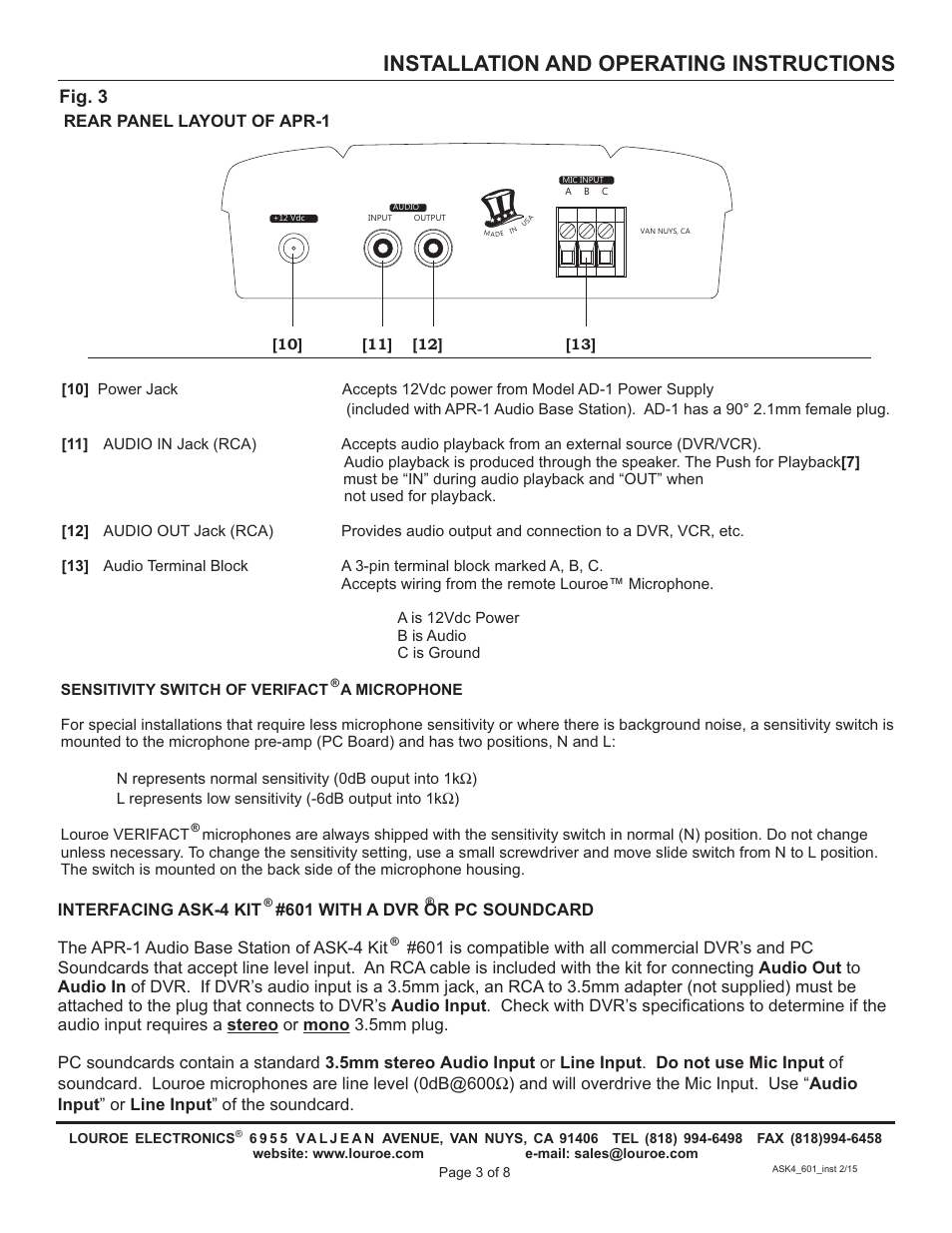 Installation and operating instructions, Fig. 3, Rear panel layout of apr-1 | Louroe Electronics ASK-4 601 User Manual | Page 3 / 8