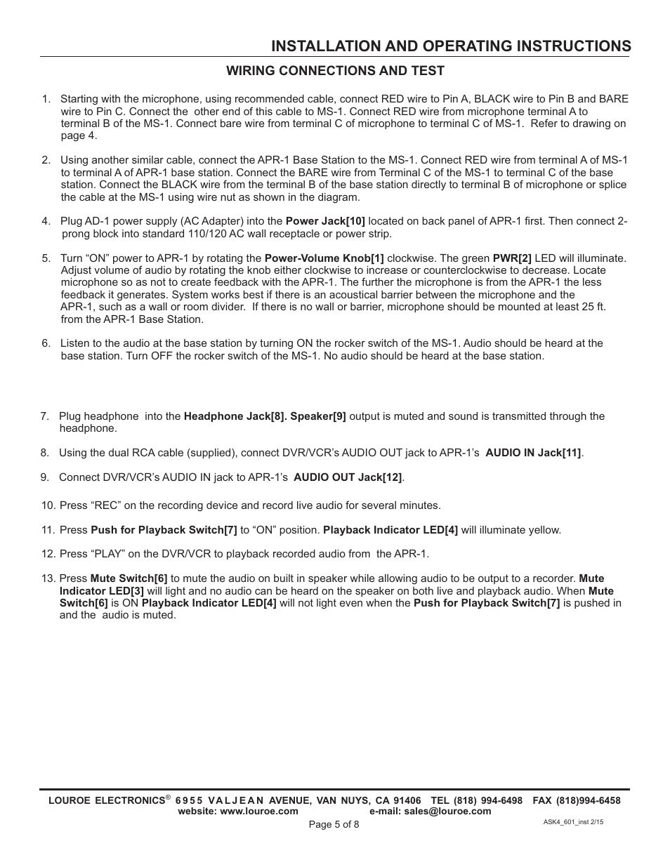 Installation and operating instructions | Louroe Electronics ASK-4 601 User Manual | Page 5 / 8