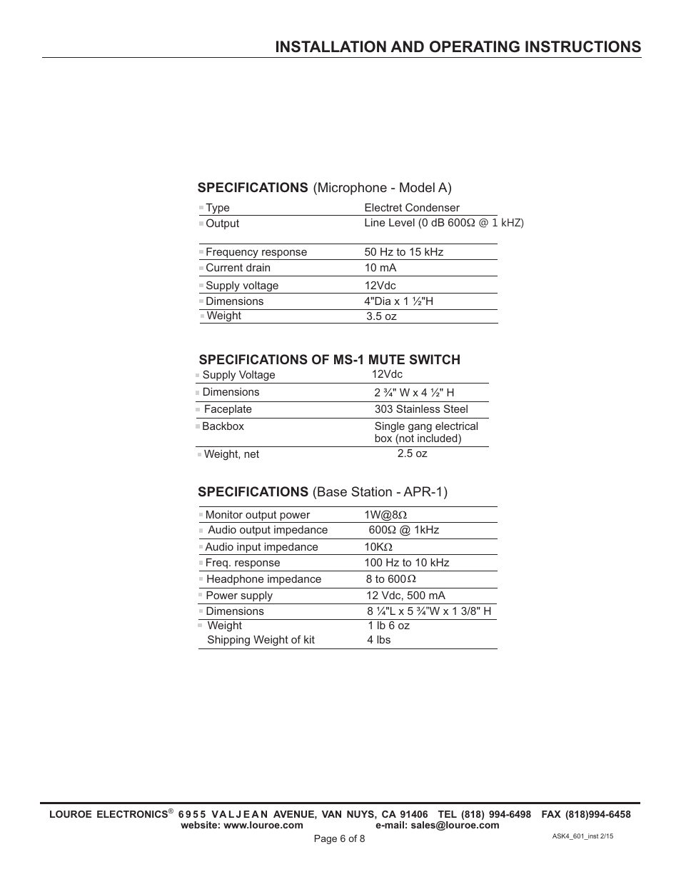 Installation and operating instructions | Louroe Electronics ASK-4 601 User Manual | Page 6 / 8