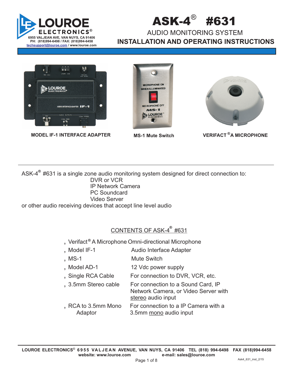 Louroe Electronics ASK-4 631 User Manual | 8 pages