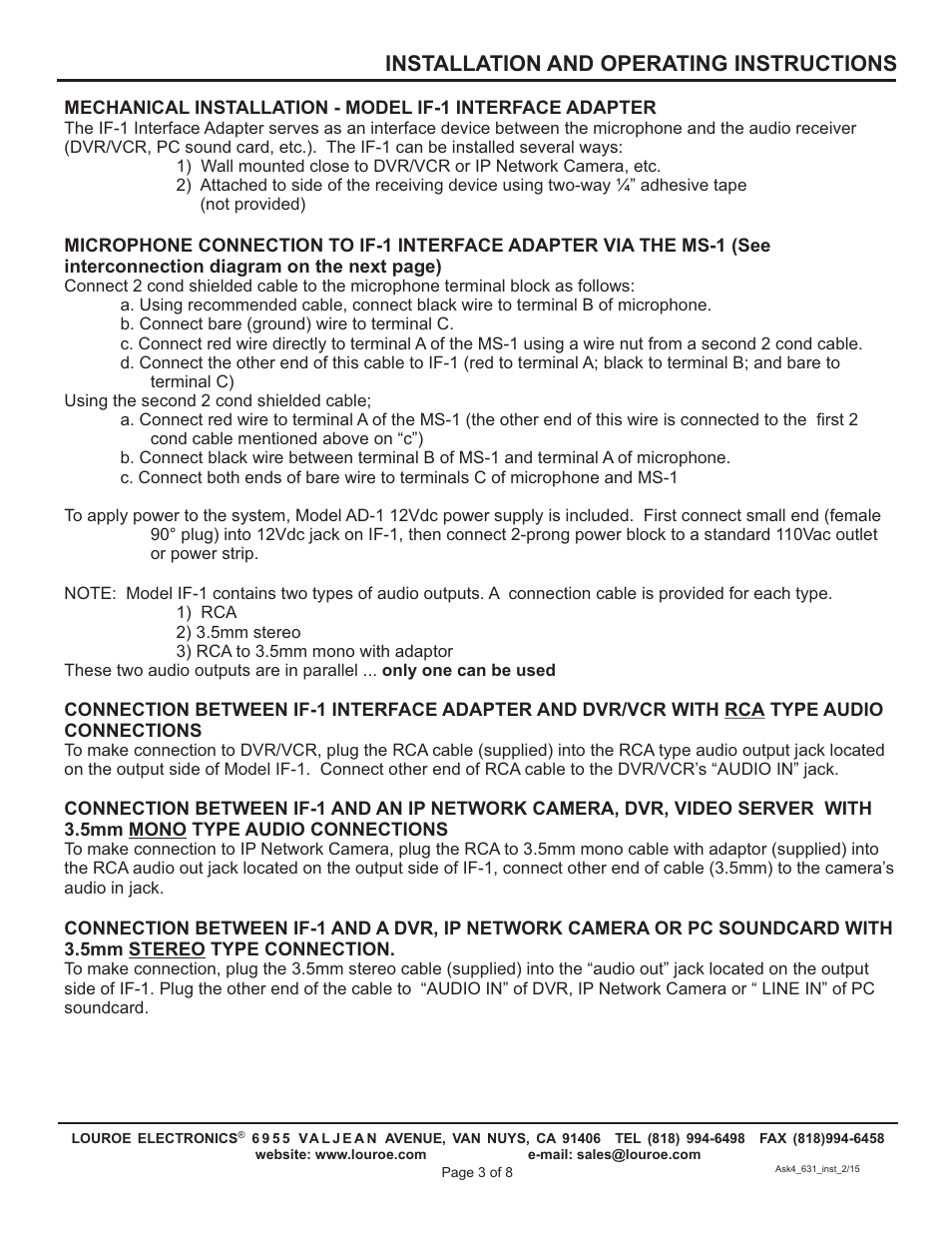 Installation and operating instructions | Louroe Electronics ASK-4 631 User Manual | Page 3 / 8