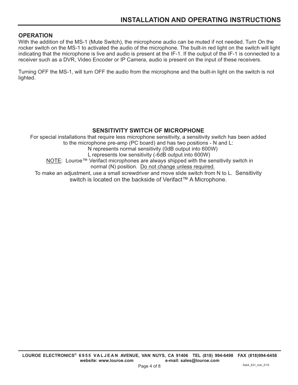 Installation and operating instructions | Louroe Electronics ASK-4 631 User Manual | Page 4 / 8