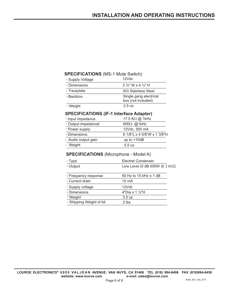 Installation and operating instructions | Louroe Electronics ASK-4 631 User Manual | Page 6 / 8