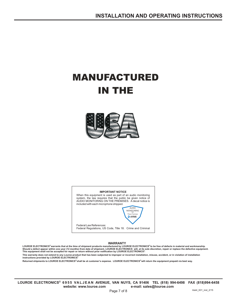 Manufactured in the, Installation and operating instructions | Louroe Electronics ASK-4 631 User Manual | Page 7 / 8
