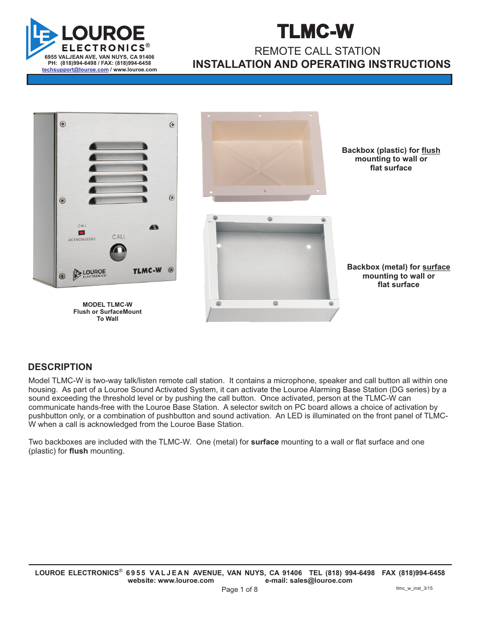 Louroe Electronics TLMC-W User Manual | 8 pages