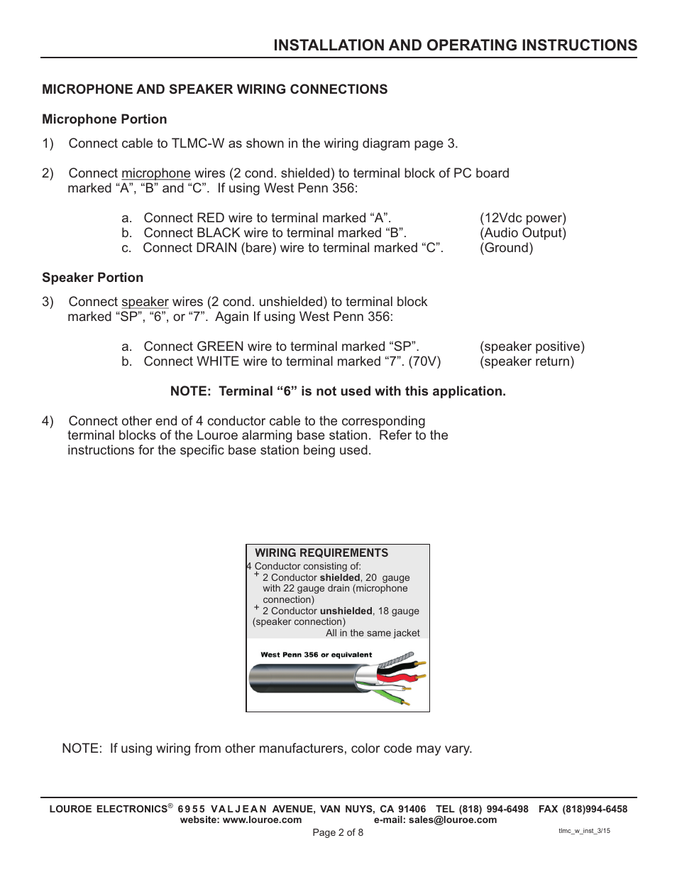 Installation and operating instructions | Louroe Electronics TLMC-W User Manual | Page 2 / 8
