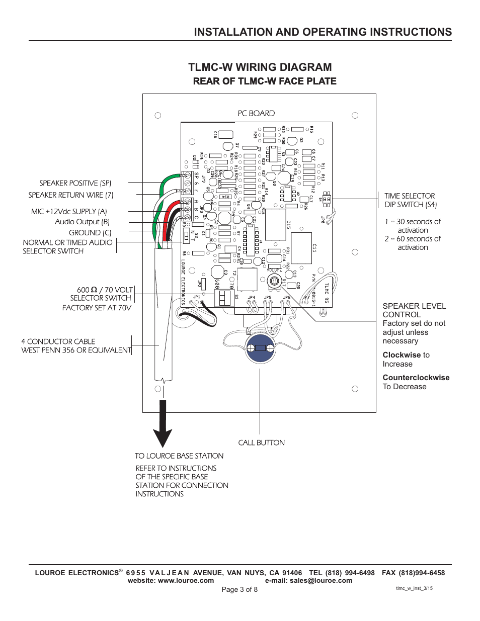 Tlmc-w wiring diagram, Installation and operating instructions | Louroe Electronics TLMC-W User Manual | Page 3 / 8