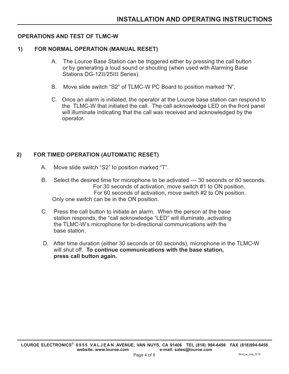 Installation and operating instructions | Louroe Electronics TLMC-W User Manual | Page 4 / 8