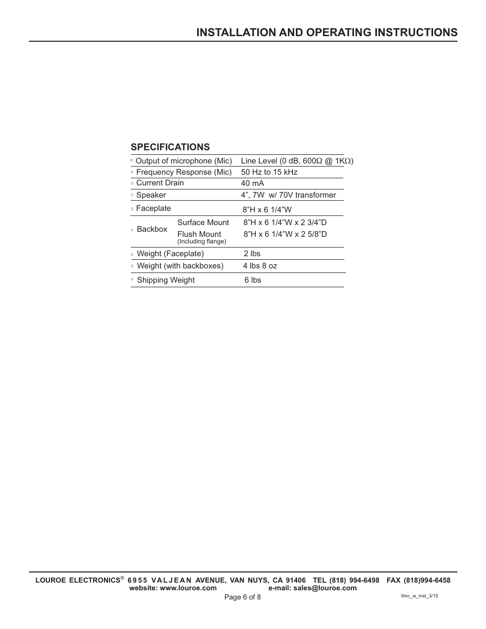 Installation and operating instructions | Louroe Electronics TLMC-W User Manual | Page 6 / 8