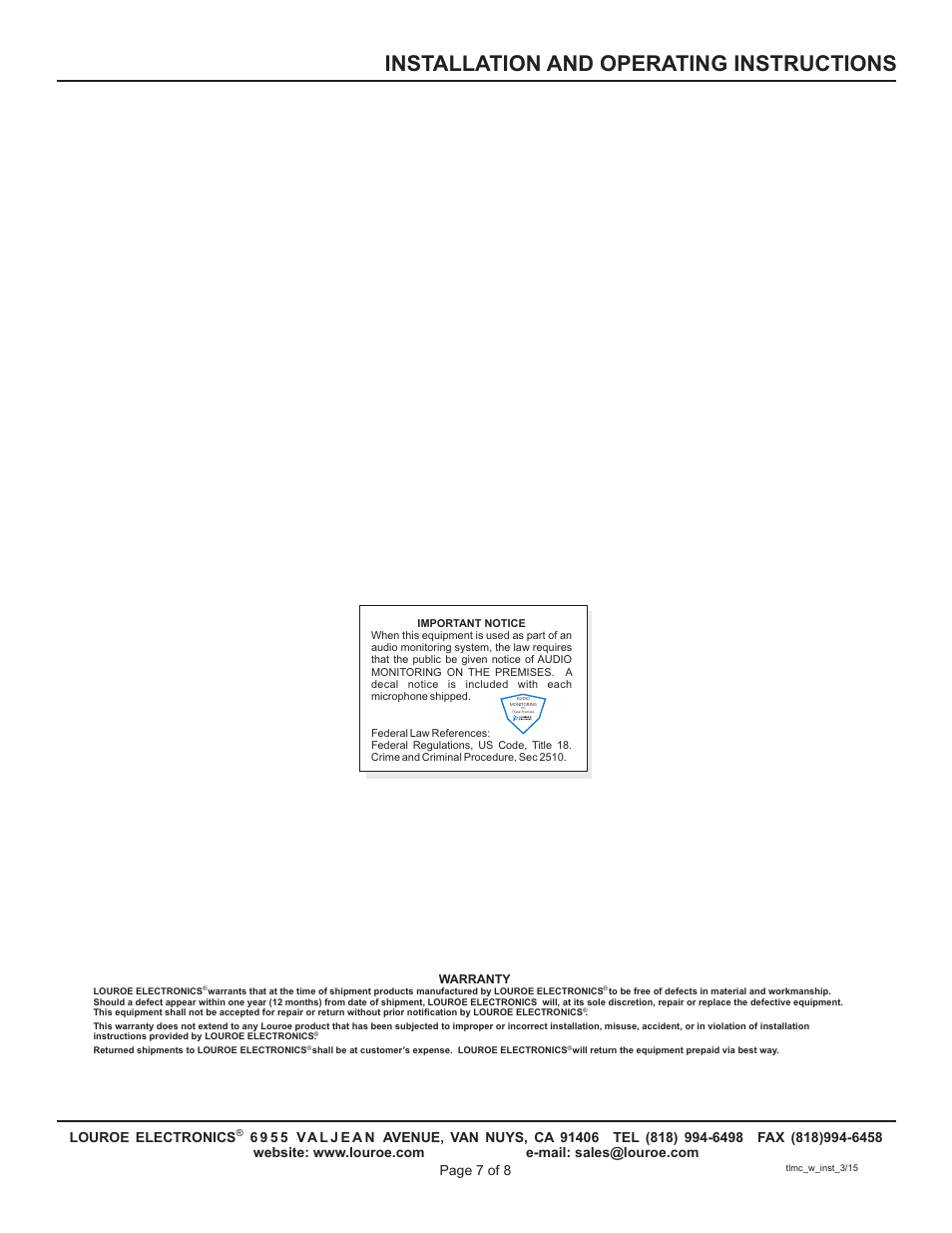 Installation and operating instructions | Louroe Electronics TLMC-W User Manual | Page 7 / 8