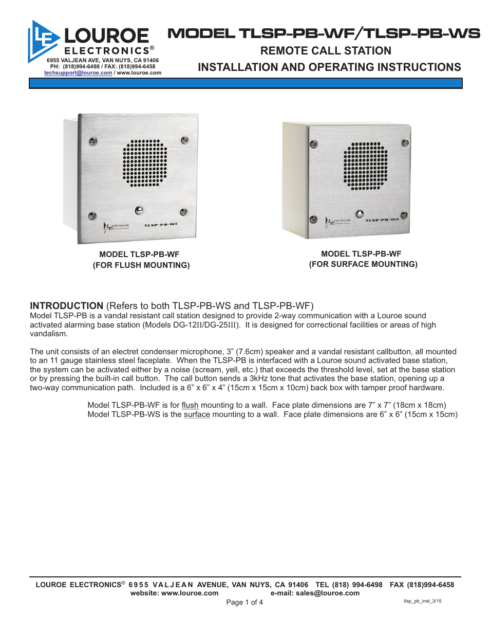 Louroe Electronics TLSP-PB-WF User Manual | 4 pages