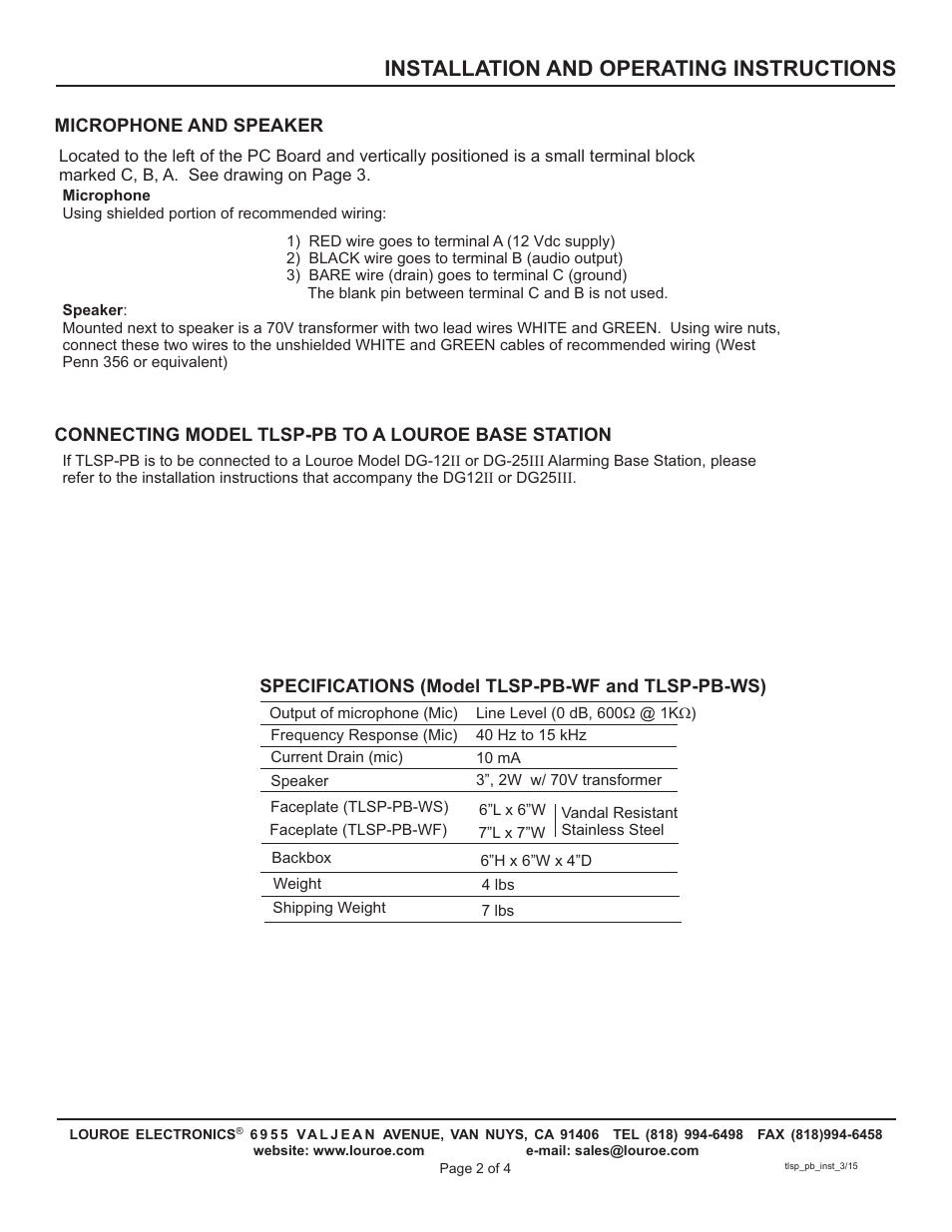 Installation and operating instructions | Louroe Electronics TLSP-PB-WF User Manual | Page 2 / 4