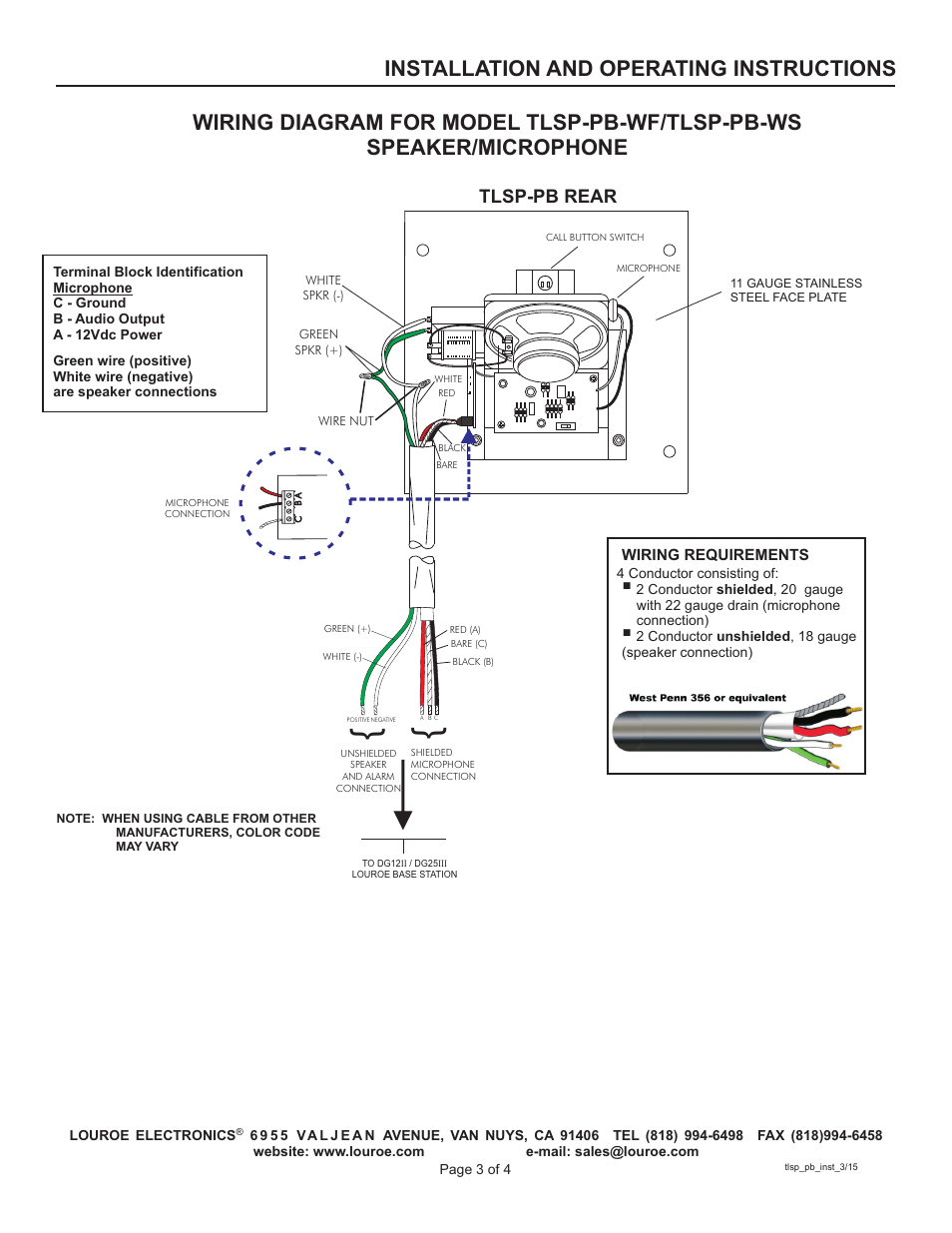 Installation and operating instructions, Tlsp-pb rear | Louroe Electronics TLSP-PB-WF User Manual | Page 3 / 4