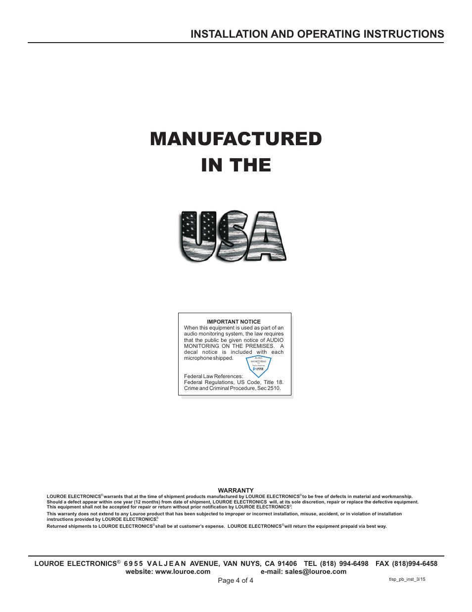 Manufactured in the, Installation and operating instructions | Louroe Electronics TLSP-PB-WF User Manual | Page 4 / 4