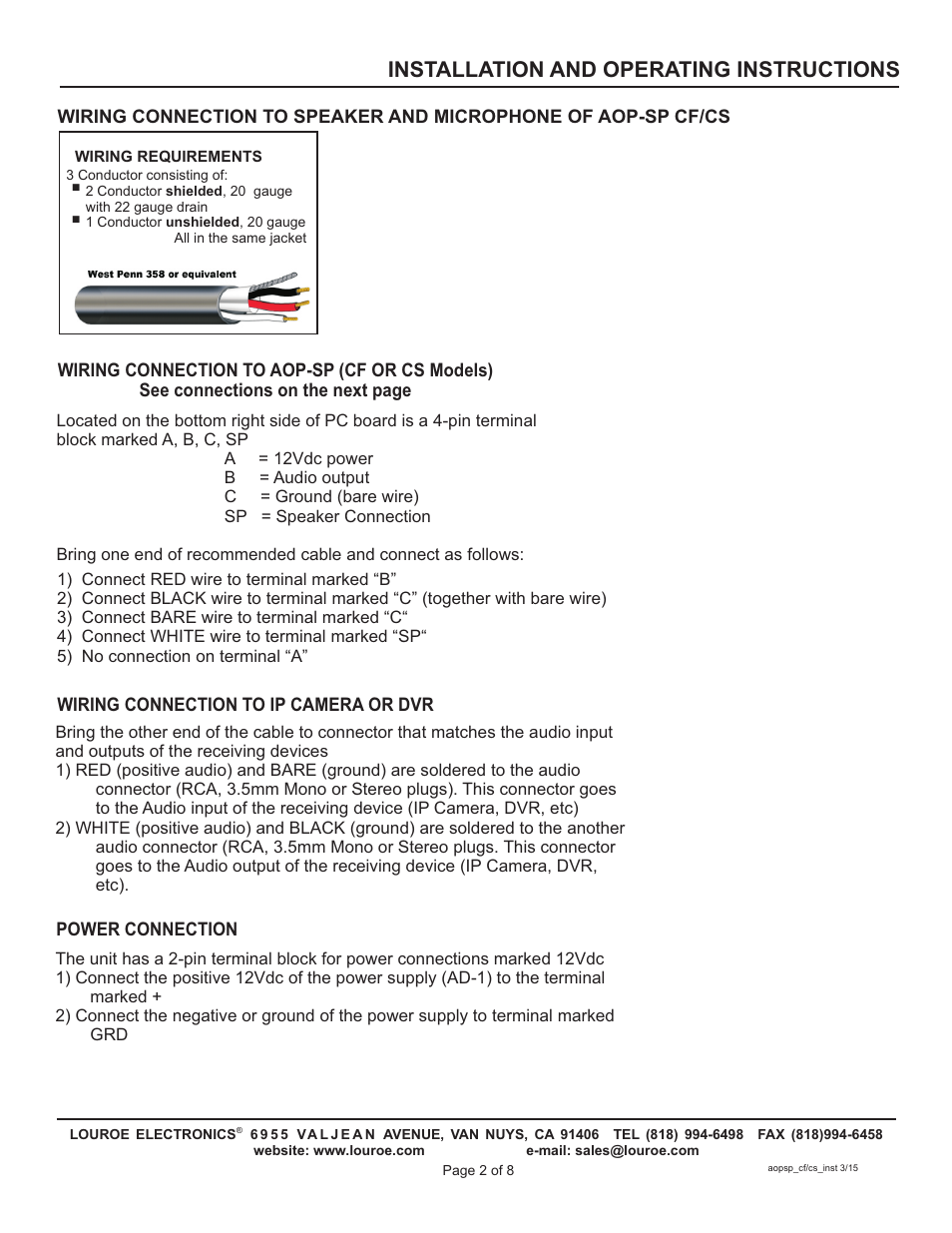 Installation and operating instructions | Louroe Electronics AOP-SP-CF User Manual | Page 2 / 8